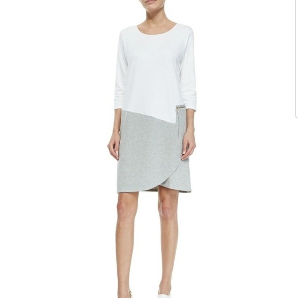 NEW Joan Vass Colorblock Dress Size S (4-6) White Grey‎ JC866 Cotton 3/4 Sleeve